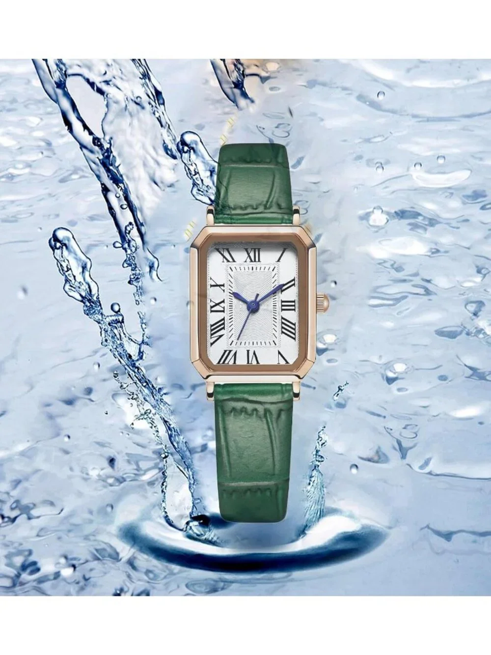 Women's Green Rose Gold White Leather Strap Vintage Rectangle Elegant Wristwatch